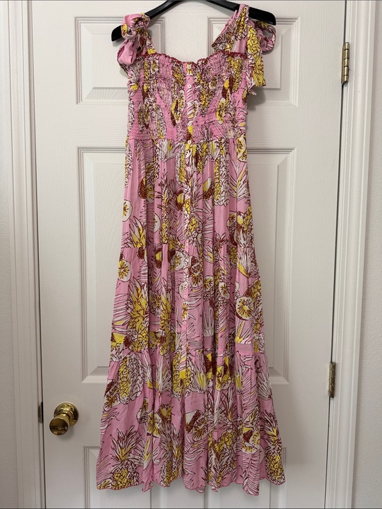 Poupette St. Barth Dresses & Skirts - Poupette St. Barth Pink Floral Tiered Maxi Dress with Yellow Accents